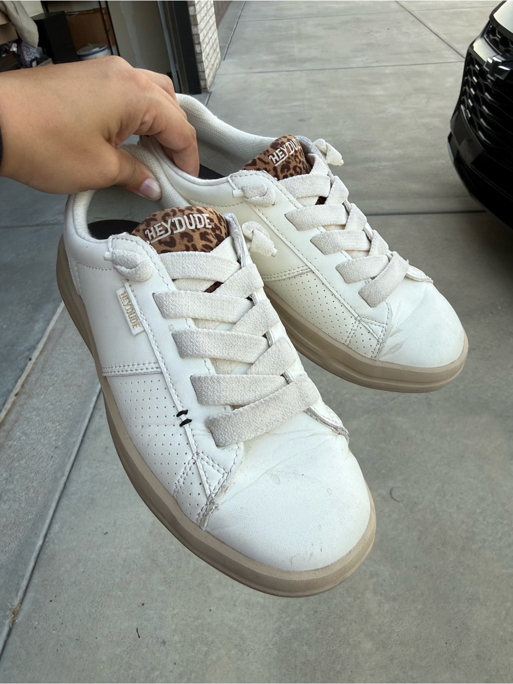 Hey Dude Women's White Sneakers with Leopard Tongue Accent